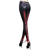 HTMUJR Women's Faux Leather Leggings Stretchy High Waisted Faux Leather Pants,Sexy Legging Cuir Femme Pleather Leggings with Lace-Up Back,One Size Black