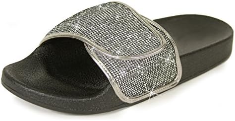 Slide Sandals for Women, EclaDea Women's Comfy [Waterproof] Fashion Slip-On Slide Sandals [Flat Slippers] Adjustable Instep Strap with Hook-and-Loop Closure [70057], Pewter Glitter Size 7 [US Size]