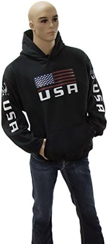 Adult Mens Black USA Flag Print L Large Cotton Poly Heavy Blend 8 Oz Pullover Hoodie Hooded Sweatshirt