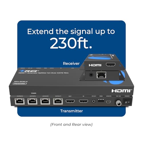 OREI 1x4 HDMI Extender Splitter Multiple Over Single Cable CAT6/7 1080P with IR Remote EDID Management - Up to 165 Ft - Loop Out - Low Latency - Full Support