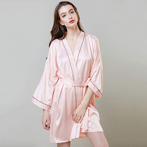 Women's Robe Satin Kimono Silk Luxury Short Silky Bathrobe for Bridesmaid Wedding Party Pink