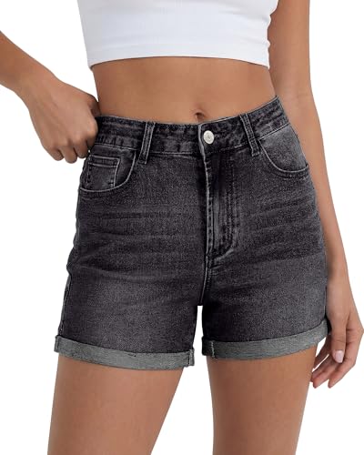 luvamia High Rise Shorts for Women Trendy Cuffed Hem Washed Black Denim Shorts Jean Casual Summer Jorts Washed Black Size Large US 12 to 14 at Amazon
