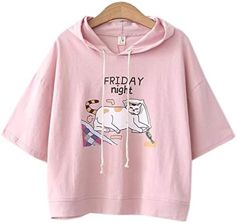Harajuku Women Fashion Pink Star Japanese Letter Short Sleeve Hoodie T Shirt
