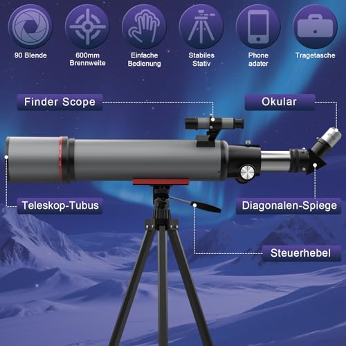 Aurosports Astronomical Telescope for Adults - 90mm Aperture 600mm Refractor Telescope Ideal for Beginners Portable Perfect for Travel and Stargazing