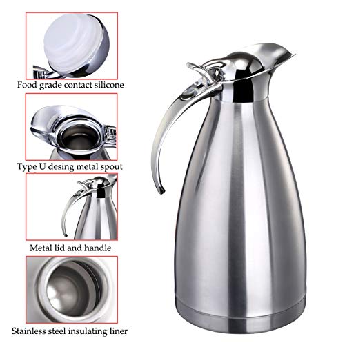 68 Oz Vacuum Insulated Stainless Steel Thermal Carafe - Double Wall Stainless Steel Thermos - Coffee/Tea Carafe - Beverage Dispenser - Keep Hot/Cold - 2L (Silver) - Thumbnail 2