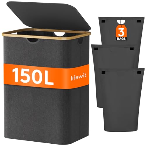 Photo 1 of Lifewit 150L COLLAPSIBLE Laundry Basket with Lid 3 Section, Large Laundry Hamper with Bamboo Handles and Removable Laundry Bags, Clothes Hampers for Laundry for Bedroom, Bathroom, Dorm, Laundry Room, Dark Grey
