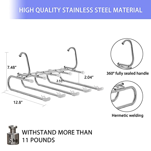 Non Slip Pants Hangers, Space Saving for Closet Organizer 5 Multiple Layered, Metal Stainless Steel Rack for Scarf Jeans Trousers ( White, 2 Pack) (White)