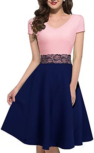 WEIJIE Women's Vintage Lace Waist Short Sleeve V Neck Cocktail Formal Swing Dress (6, Pink + Dark Blue)
