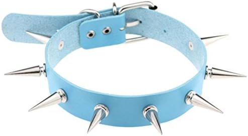 Women Night Club PU Punk Gothic Spikes Choker Collar Necklace Light Blue