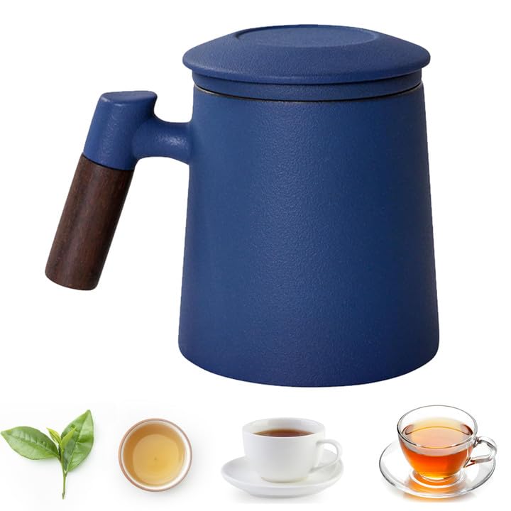 Blue 400Ml Ceramic Tea Infuser Cup with Lid and Scald Protection Handle - Steeping Mug for Office and Home Tea, Coffee, Milk