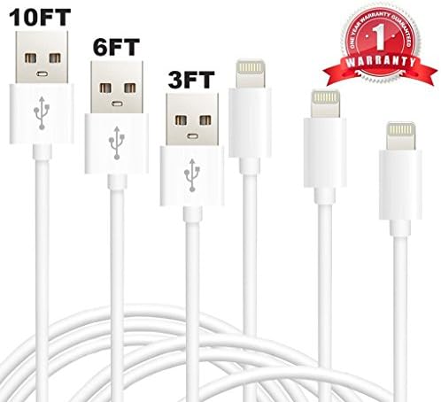 Aasama Lightning Cable 3 Pack 3 / 6 / 10 Feet 8 Pin to USB Sync and Charging Cord for iPhone, iPad, iPod (White)
