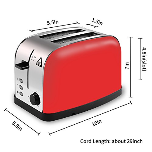 COSSCCI Toaster 2 Slice Red, Stainless Steel Toaster with Wide Slots,Removable Crumb Tray,High Lift Lever, Reheat Defrost and 7 Shade Setting