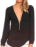 FACE N FACE Women's Chiffon Long Sleeve V Neck Zipper Shirt Blouse