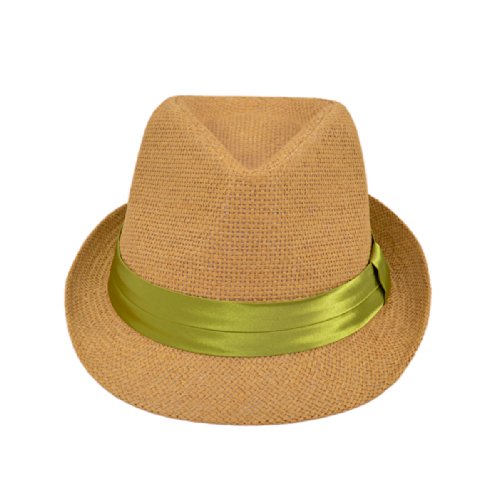 Classic Tan Fedora Straw Hat, Green Band
