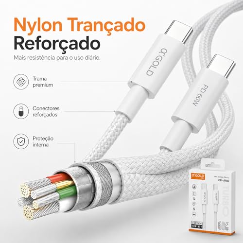 Cabo Tipo-C para Tipo-C 2 Metros 60W Turbo PD Nylon Trançado Reforçado, Carregamento Rápido e Transferência de Dados, Compatível com iPhone 15/16, Samsung, Xiaomi, Motorola, iPad, Notebook e Android