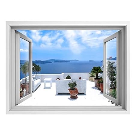 HHZDH Aegean Santorini Mediterrane Landschaft 3D Gefälschte Fenster Wandaufkleber Hintergrund Wanddekoration Wandbild 70X50 c