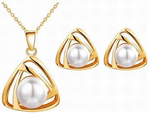Triangle Simulated Pearl Pendant Necklace and Earrings Set Quality Women Jewelry Christmas Gift (18K gold-filled)