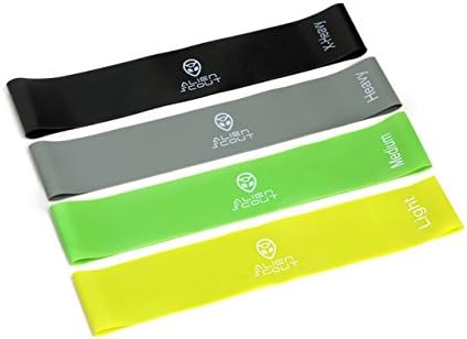 Alien Scout Resistance Loop Bands SET of 4 Stylish Yellow, Green, Grey and Black Bands. 4 Resistance Strengths: Light, Medium, Heavy, Extra Heavy. Natural Latex Built to Last for Both Men & Women
