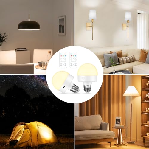 E27 Battery Operated Light Bulb, 2 Pack Rechargeable Cordless Bulbs with Remote Control, Detachable Magnetic Charging, Dimmable LED Bulb with 3 Color Temperatures & Timer for Lamps