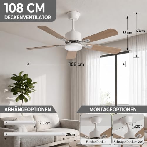 YuYe Ceiling Fan with Lighting, 3 Color Temperatures and 6 Speed, LED Ceiling Fan with Lamp, App Control/Remote Control, Timer (White, 108CM)