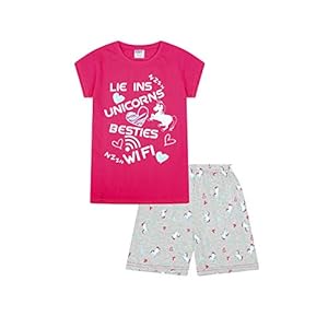 ThePyjamaFactory, Meisjespyjama kort met opdruk ‘Lie Ins Unicorns Besties Wifi’, roze maat 9-10 jaar, roze