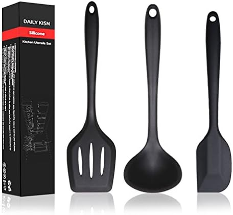 Silicone Utensil Set 3 Piece - Flexible Silicon Spatula/Turner/Soup Ladles, Heat Resistant Non Stick Cooking Tools, BPA Free&amp;FDA（Professional, Cookware Kitchen Gadgets Black)