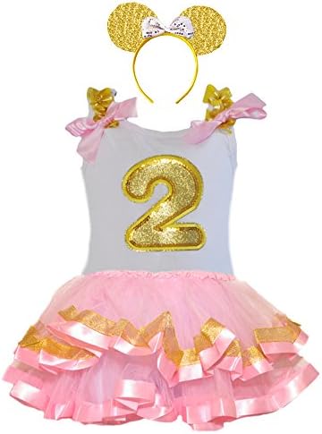 Birthday Glitter Gold Age Number Tops Tulle Tutu &amp; Sparkling Gold Headband Set (PK-Age 2)