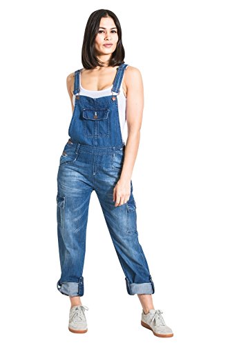 Uskees womens denim bib-overalls - faded blue relaxed fit roll-up…