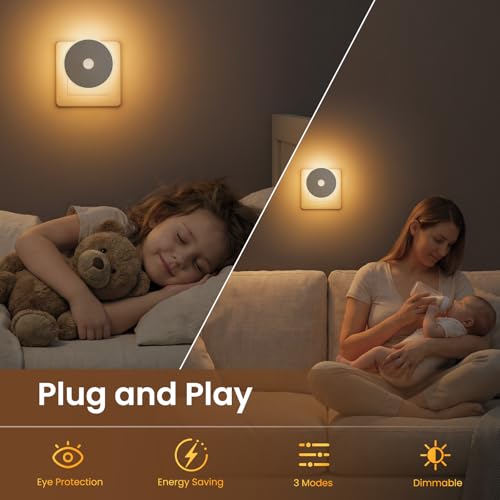 Children's Night Light 2 Pcs, LED Night Light with Motion Sensor, Plug-in Night Lamp Adjustable Brightness, 3 Modes (AUTO/ON/OFF), Night Light for Kids/Stairs/Bedroom- Warm White