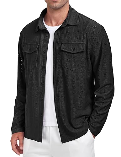 ZAFUL MENS LONG SLEEVE CUBAN GUAYABERA STYLE EYELET...