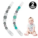 Pacifier Clips, Komake 2 in 1 Teether Pacifier Clip Chewable Silicone Teething Beads BPA Free Binky Holder for Girls, Boys, Teether Toys, Soothie, Mam, Drool Bibs, 2 Pack (Green, Gray)