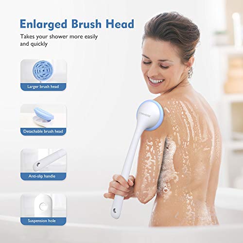 Back Scrubber for Shower, KIWIHOME Back Washer Body Brush, Silicone Body Scrubber with Long Handle Cleans Body Easily for All Skin, 2 Sponges Makes More Bubbles (Blue)