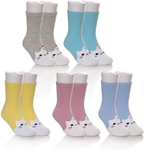 5 Pairs Fashion Cute Animal Patterns Boys Girls Cotton Crew Socks (cat, 6-8 years)