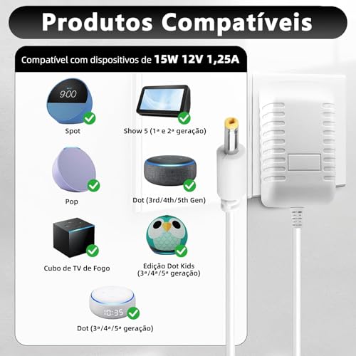Fonte de Energia Bivolt de 15W, Adaptador de Energia Compatível com Alexa Dot 5ª, 4ª e 3ª Geraçãos, Cabo para Alexa Dot com Relógio 5ª, 4ª e 3ª Gerações, Série Pop e Spot, Show 5 1ª e 2ª Geraçãos, 2M