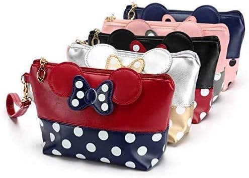 Mouse Ears Style Polka Dots Bow Knot Make Up Bag Cosmetic Bags for Women Girls Cartoon PU Wallet Portable Travel Purses with Wristband Makeup Pounch Gifts - Image 5