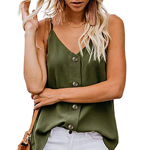 FarJing Women's Button Down V Neck Strappy Tank Tops Loose Casual Sleeveless Shirts Blouses (L, z-Green)