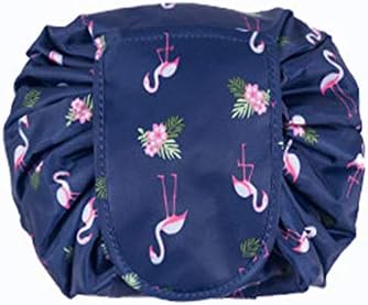 Drawstring Cosmetic Bag Travel Lazy Makeup Storage Bag Portable&Waterproof Quick Pack Large Cosmetic Bag Dual Magic Bags With Zipper&Drawstrings Brush Holder Carry On Travel (Dark Blue Flamingo)