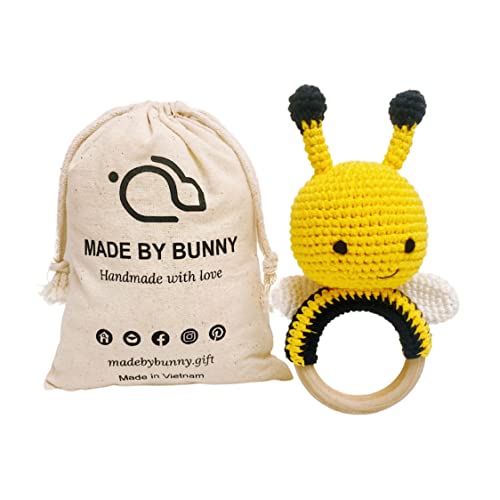 Bunny Wooden Baby Rattle, Crochet Bee Rattle Toy, Handmade Bee Stuffed