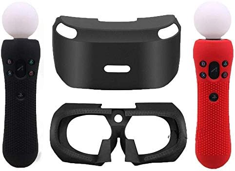 3D Glass Protective Silicone Skin Case Eye Shield for PSVR PS VR Headset+ 2pcs Silicone Protective Skin Case for Sony PS VR Move Motion Controller （Black+Red）