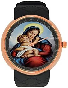Novelty Gift Virgin Mary and Baby Jesus Men's Rose Gold Plated Resin Strap Watch