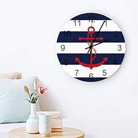 12 inch Round Wooden Wall Clock, Stylish Silent Non-Ticking Battery Operated Clock, Nautical Red Anchor Navy Blue and… 41MsZP w95L