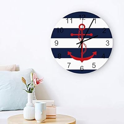 12 inch Round Wooden Wall Clock, Stylish Silent Non-Ticking Battery Operated Clock, Nautical Red Anchor Navy Blue and… 41MsZP w95L