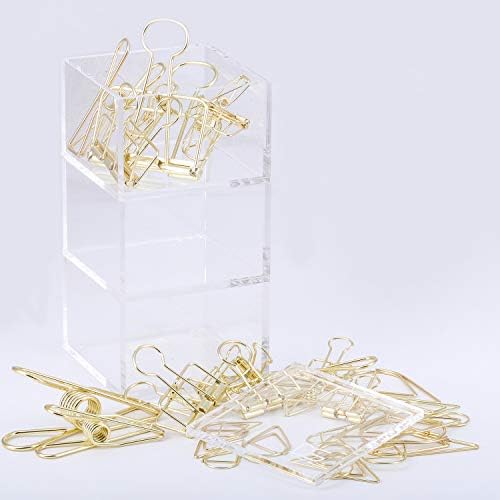 Acrylic 3 Tier Stackable Paper Clips Holder with 36 Assorted Size Gold Clips - Draymond Story Stationery Series