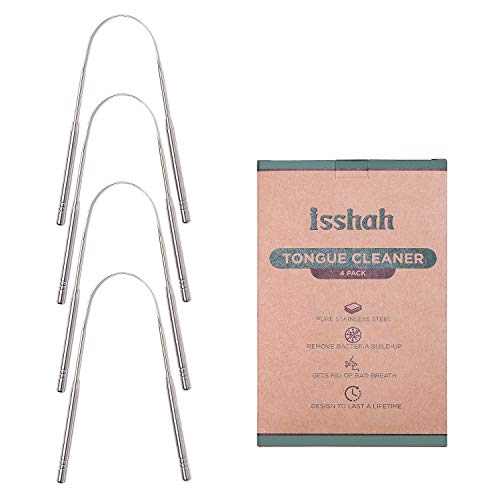 Isshah Stainless Steel Metal Tongue Scraper Cleaner - Get Rid of Bad Breath and Bacteria - Pack of 4 - Eco Friendly Packaging