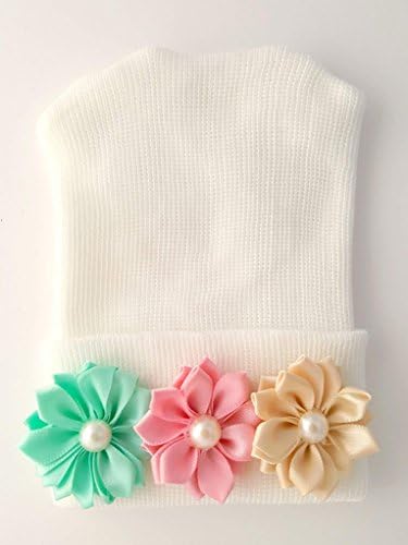 MyPreciousBeanie, Newborn Girl Beanie, Baby Girl Hat,Mint,Vintage Pink,Cream flower