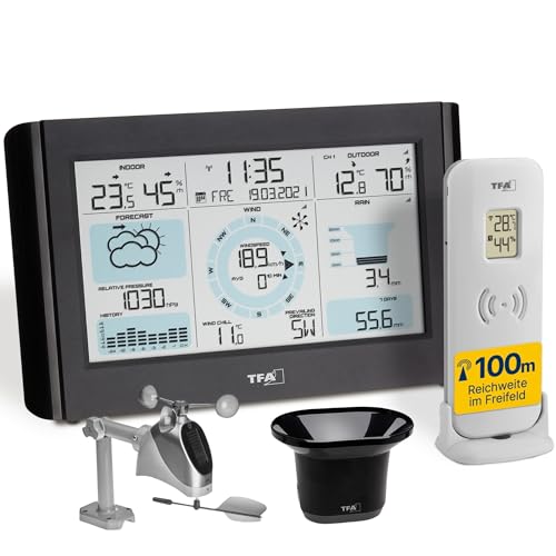 TFA Dostmann Funk-Wetterstation WEATHER PRO 35.1161.01, Windmesser mit Windrichtung und -staerke, Regenmesser mit Verlaufsgrafik, Wettervorhersage mit Symbolen, Luftdruckanzeige, Funkuhr, schwarz