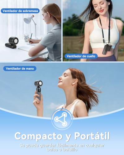 Ventilador Portatil, Ventilador Portátil Recargable para Colgar al Cuello, 5 Velocidades Ajustables, Bajo Ruido de Viento, Ventilador USB, Ideal para la Escuela, la Oficina y Los Viajes (Gris)
