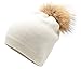 Women's Winter Warm Double-Deck Cashmere Wool Blend Real Fur Pom Pom Slouchy Knit Beanie Cap Ski Hat