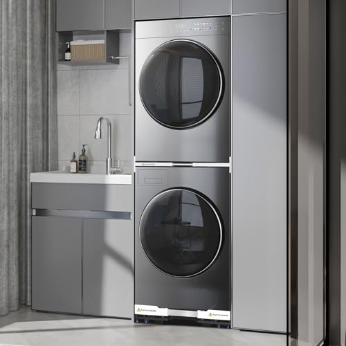 NIUXX Universal Connecting Frame and Base for Dryer and Washing Machine, Adjustable in Size with Ratchet Cable and Transport Wheels with Brake for Washing Machines and Dryers, Space Saving