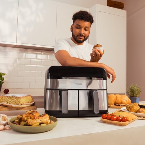 Fritadeira de ar digital cecotec 9l cecofry advance 9000 inox. 2800w, 2 baldes de 4,5l, temperatura dupla, temperatura ajustável de 80-200ºc, 7 programas, painel de toque multifuncional